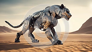 tigerAnimal robot walking through desert. A futuristic landscape with a silhouetted city on the horizon