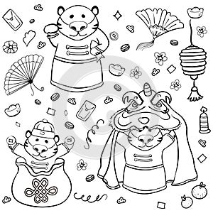 Tigers Chinese New Year, Large Coloring Book with Wish, Paper Lantern, Lion Costume for Dancing Vector Cartoon Illustration