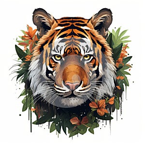 a tigers face surrounded by flowers and leaves