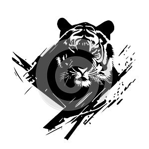 Tigers head sketch closeup. Also good for tattoo and logo. Editable vector monochrome image with high details isolated on white