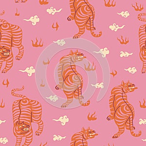 Tigers ornament asian style funky seamless pattern.