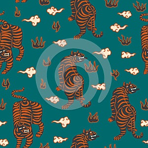 Tigers ornament asian style funky seamless pattern.