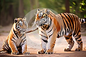 tigers playing tug of war with a rope