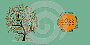 Tigri un albero l'animale caratteri. da 2022 nuovo. progetto modello auguri di natale formato pubblicitario destinato principalmente all'uso sui siti web manifesto vacanza 