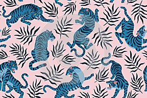 Tigers and tropical leaves. Trendy illustration. Abstract contemporary seamless pattern.