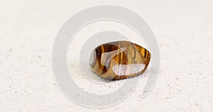 Tigerâ€™s eye gemstone rotating on white sand