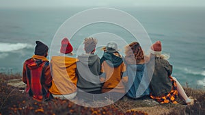 Tight-knit friends overlooking the ocean on a chilly day.