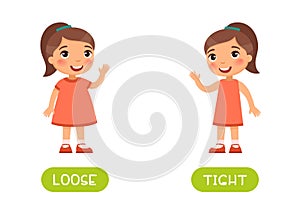 Tight and loose antonyms flashcard vector template.