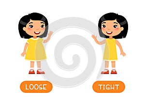 TIGHT and LOOSE antonyms flashcard vector template. Opposites concept.