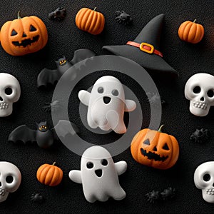 Seamless pattern close-up with cute ghost, witch hat, bats and spider web on black surface