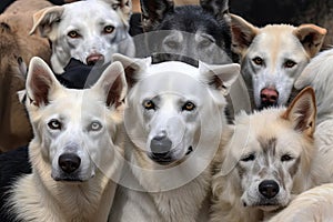 a tight pack of dogs, all with their eyes on you, showing their submission