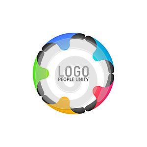 Tight ring of people isolated logotype. Five people holding hands formed a circle logo on light background. Vector illustration