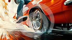 A tight shot of a drag racers foot pressing down on the gas pedal the car jolting forward with force