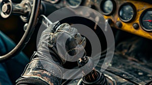 A tight shot of a drag racers gloved hand gripping the gear shifter ready to shift into high gear photo