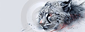 A tight shot of a snow leopard's unblemished face, suddenly disrupted by crimson smears photo