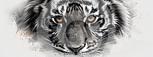 A tight shot of a tiger's face, adorned with orange and white paint splatters photo