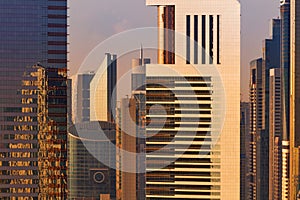 A tight view of some skyscrapers and a city skyline of Dubai, UAE