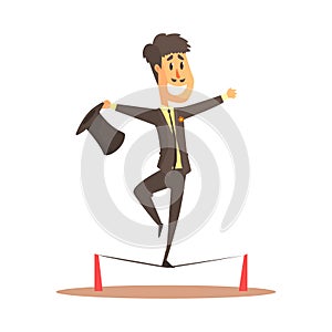 Tightrope walker balancing on the wire, circus or street actor colorful cartoon detailed vector Illustration