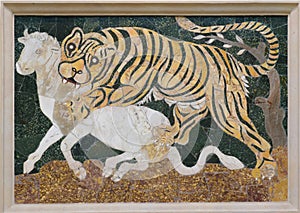 Tigress attacking a calf, marble opus sectile
