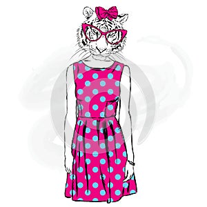 Tigress with the human body in a dress and sunglasses. Vector illustration. Fashion & Style.