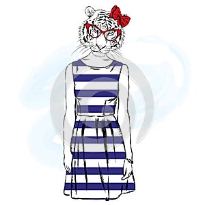 Tigress with the human body in a dress and sunglasses. Vector illustration. Fashion & Style.