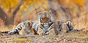 Tigress Relaxing with Playful Cubs in Tender Moment photo