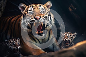 Tigress roar, mother tiger protecting tiger cubs in the jungle. Generative AI