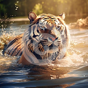 Tigress sitting in water cooling off