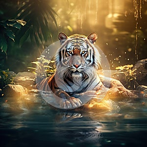 Tigress sitting in water cooling off