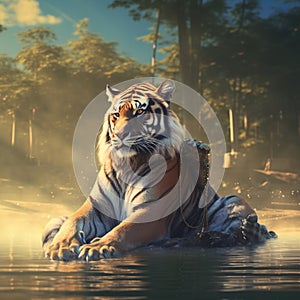 Tigress sitting in water cooling off photo