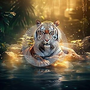 Tigress sitting in water cooling off photo