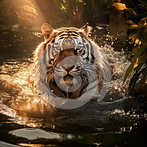 Tigress sitting in water cooling off photo