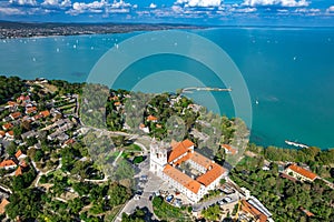 Tihany, Hungary - Aerial panoramic view of the famous Benedictine Monastery of Tihany, Lake Balaton