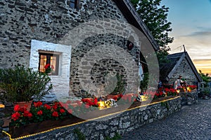 Tihany, Hungary - 06.10.2019 : Folkloric old houses restaurant in Tihany,on the northern shore of Lake Balaton in sunset