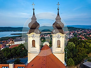 Tihany, Hungary - The two clock towers of the famous Benedictine Monastery of Tihany Tihany Abbey