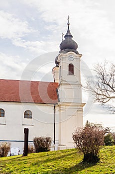 Tihany village on shores of Lake Balaton, Tihany Peninsula, Hungary. 17th century Baroque church built on site of the 10th century