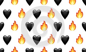 Tik tok emoji background. Black heart and fire. Seamless pattern. Vector photo
