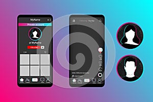 Tik Tok screen social media and social network interface template set. Social media post frame illustration. Premium quality