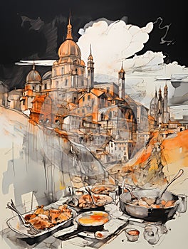 Tika Masala Food Drawing Sketchbook Art, A Painting Of A City With A Large Building And A Large Dome