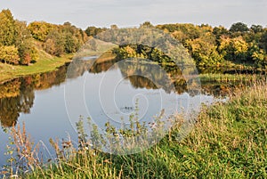 Tikhvinka river in autumn, Tikhvin, Russia