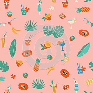 Tiki bar cocktail and fruits seamless pattern in vector.