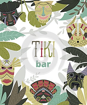 Tiki bar design template with tribal masks and jungle leaves. Design elements with African ethnic geometric ornament.