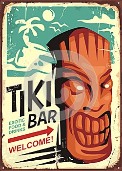 Tiki bar vintage sign concept with tiki mask and tropical landscape photo