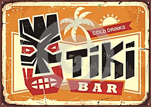 Tiki bar vintage tin sign with Hawaiian tiki mask