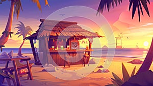 A tiki bar with a wooden hut, drinks and snacks on an exotic beach at sunset. Modern cartoon tropical landscape with