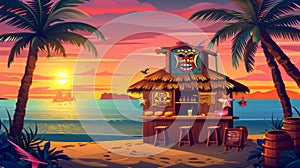 The Tiki Bar, wooden hut with tribal masks, drinks, snacks, and sea view at sunset. Modern cartoon tropical landscape