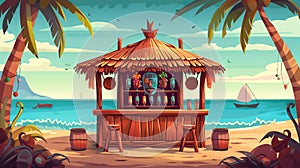 The Tiki bar is a wooden hut with tribal masks, drinks and snacks. A tropical landscape with a sea, palm trees, and a