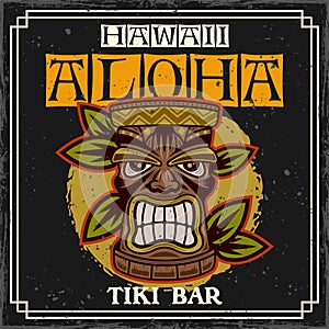 Tiki head hawaiian wooden tribal idol vector colored decorative illustration in vintage style with text and grunge