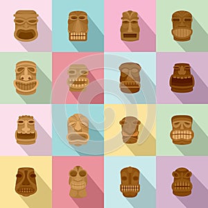 Tiki idol aztec hawaii face icons set, flat style