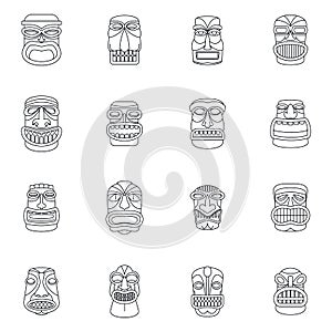 Tiki idol aztec hawaii icons set, outline style